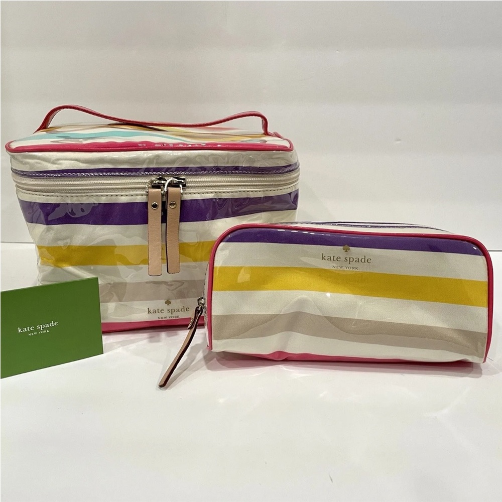 Kate Spade Candy Stripe Cosmetic Bag Travel Train Case Zip Pouch 2 Pc Set Kit